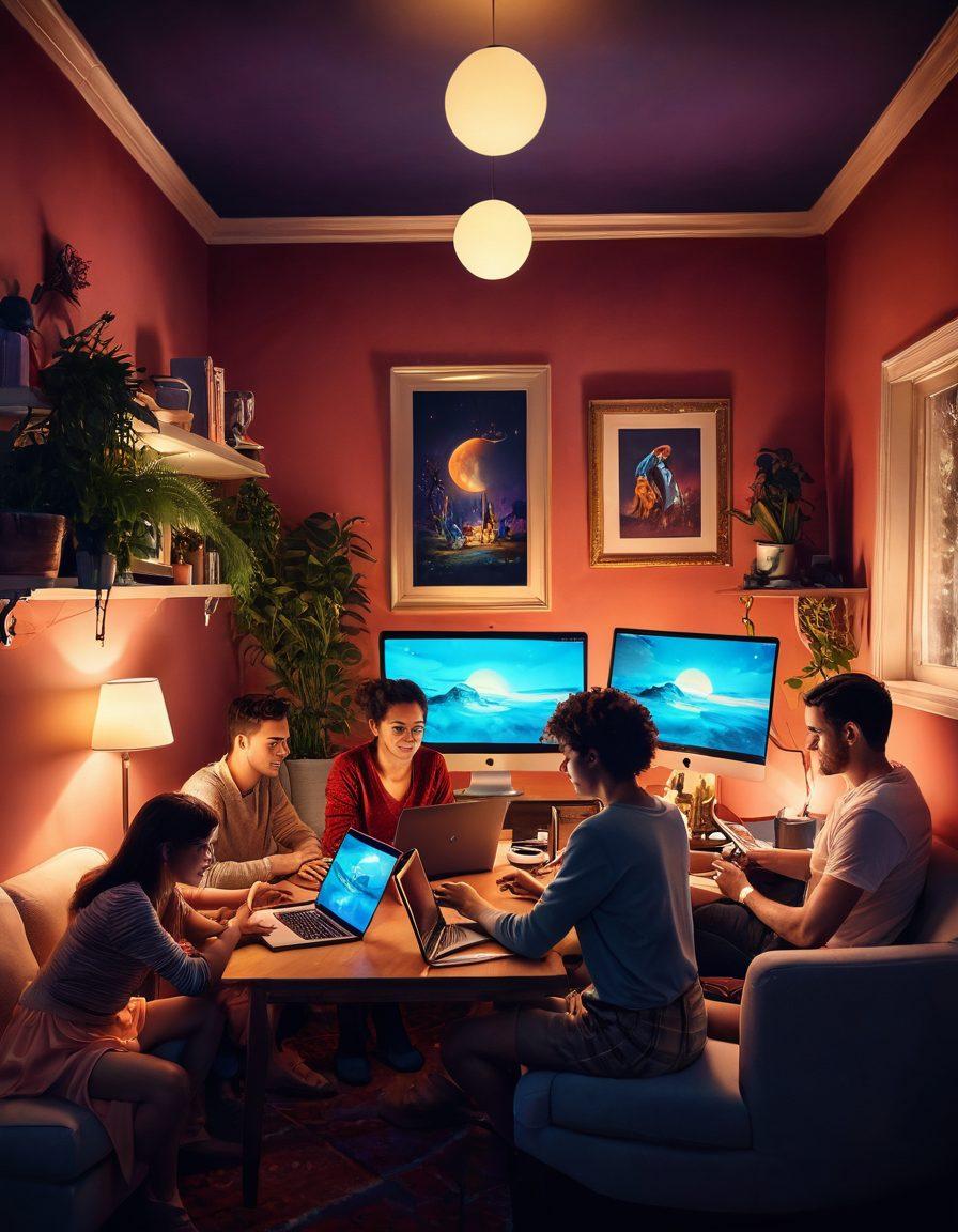 A whimsical scene showcasing a diverse group of people enjoying live adult performances on their laptops and tablets, set in a cozy, colorful room with ambient lighting. Elements of fantasy and intrigue are incorporated, like playful imagery and dream-like backgrounds that allude to various fantasies. Emphasize expressions of excitement and intrigue, creating a sense of connection in a digital age. Include soft focus and warm lighting to enhance the inviting atmosphere. vibrant colors. cozy setting. digital art.